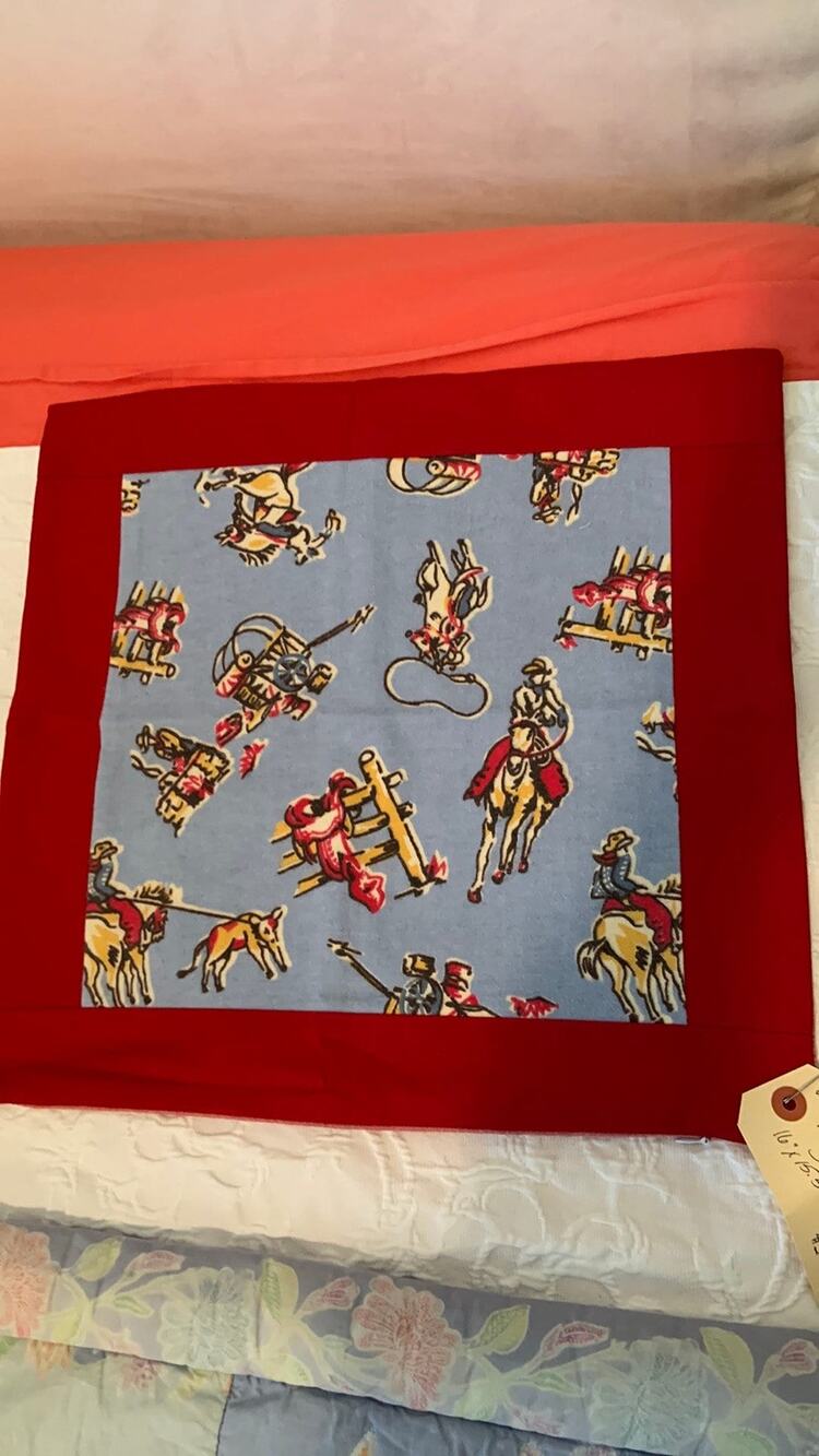 Handmade Vintage Cowboy Flannel Pillow Sham, Red Chambray Back (16" Square)